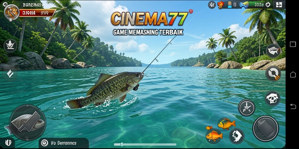 Screenshot gameplay CINEMA77 menampilkan aksi memancing yang mendebarkan.
