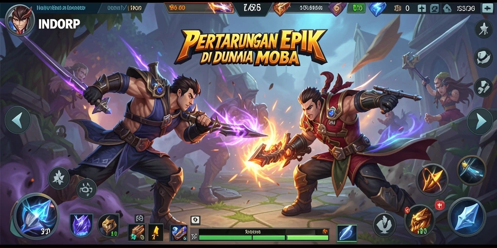 Gameplay INDORP menampilkan pertempuran seru antar pahlawan MOBA.